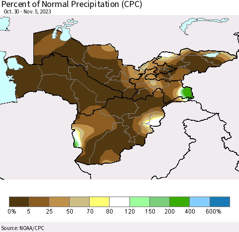 Central Asia Percent of Normal Precipitation (CPC) Thematic Map For 10/30/2023 - 11/5/2023