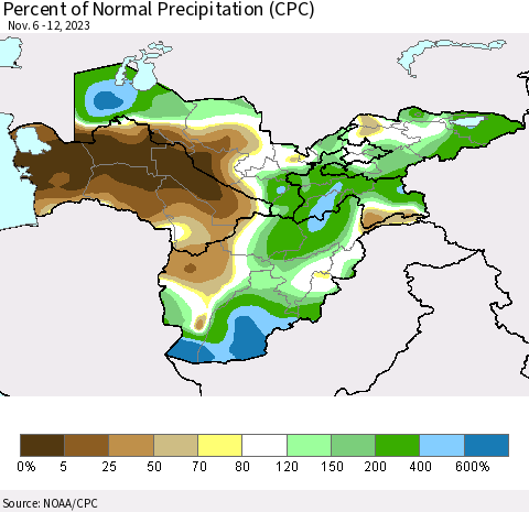 Central Asia Percent of Normal Precipitation (CPC) Thematic Map For 11/6/2023 - 11/12/2023