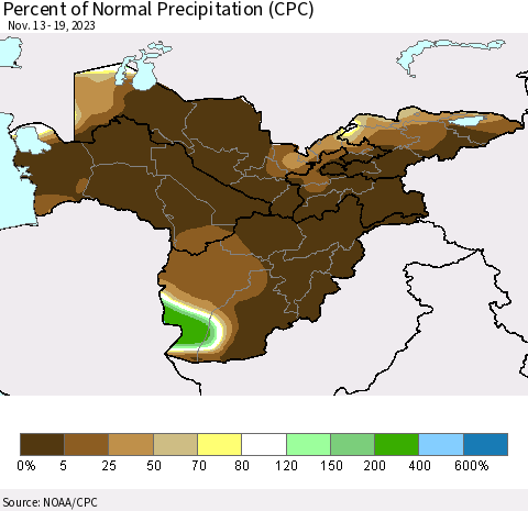 Central Asia Percent of Normal Precipitation (CPC) Thematic Map For 11/13/2023 - 11/19/2023