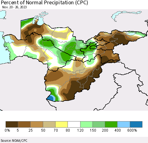 Central Asia Percent of Normal Precipitation (CPC) Thematic Map For 11/20/2023 - 11/26/2023