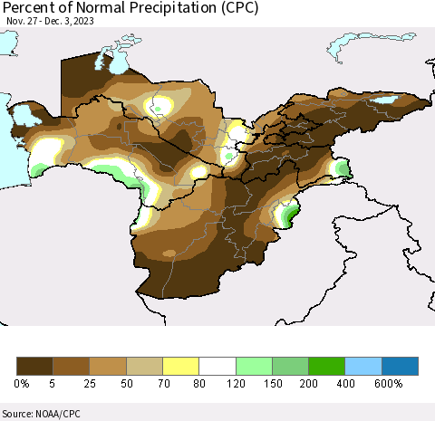 Central Asia Percent of Normal Precipitation (CPC) Thematic Map For 11/27/2023 - 12/3/2023
