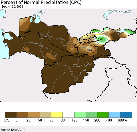 Central Asia Percent of Normal Precipitation (CPC) Thematic Map For 12/4/2023 - 12/10/2023