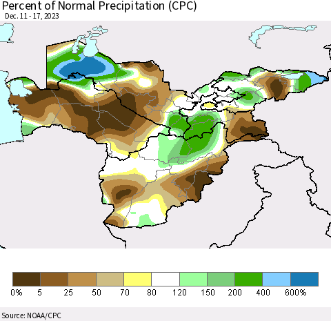 Central Asia Percent of Normal Precipitation (CPC) Thematic Map For 12/11/2023 - 12/17/2023