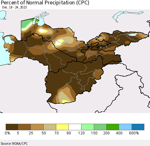 Central Asia Percent of Normal Precipitation (CPC) Thematic Map For 12/18/2023 - 12/24/2023