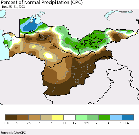 Central Asia Percent of Normal Precipitation (CPC) Thematic Map For 12/25/2023 - 12/31/2023