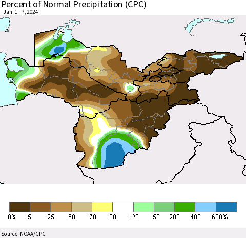 Central Asia Percent of Normal Precipitation (CPC) Thematic Map For 1/1/2024 - 1/7/2024