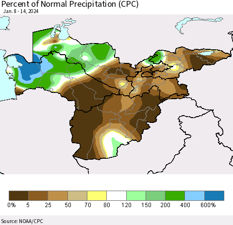 Central Asia Percent of Normal Precipitation (CPC) Thematic Map For 1/8/2024 - 1/14/2024