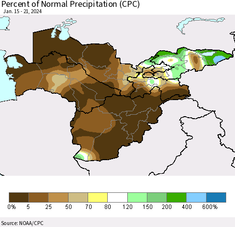 Central Asia Percent of Normal Precipitation (CPC) Thematic Map For 1/15/2024 - 1/21/2024