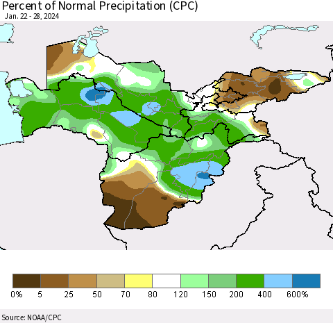 Central Asia Percent of Normal Precipitation (CPC) Thematic Map For 1/22/2024 - 1/28/2024