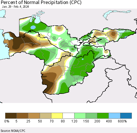 Central Asia Percent of Normal Precipitation (CPC) Thematic Map For 1/29/2024 - 2/4/2024