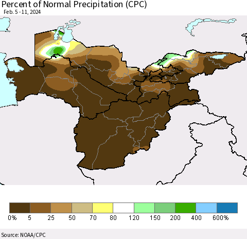 Central Asia Percent of Normal Precipitation (CPC) Thematic Map For 2/5/2024 - 2/11/2024