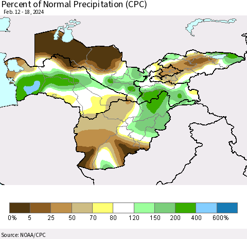 Central Asia Percent of Normal Precipitation (CPC) Thematic Map For 2/12/2024 - 2/18/2024