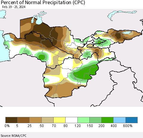 Central Asia Percent of Normal Precipitation (CPC) Thematic Map For 2/19/2024 - 2/25/2024