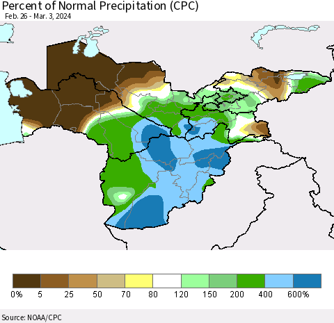 Central Asia Percent of Normal Precipitation (CPC) Thematic Map For 2/26/2024 - 3/3/2024