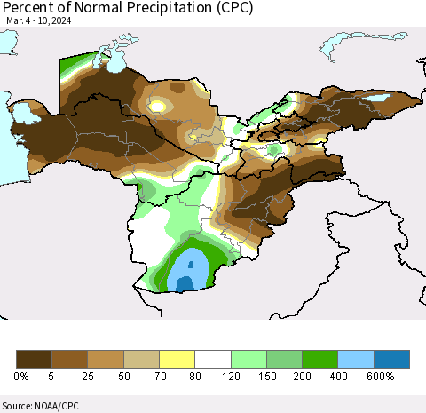 Central Asia Percent of Normal Precipitation (CPC) Thematic Map For 3/4/2024 - 3/10/2024