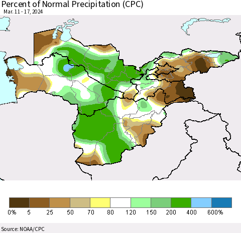 Central Asia Percent of Normal Precipitation (CPC) Thematic Map For 3/11/2024 - 3/17/2024