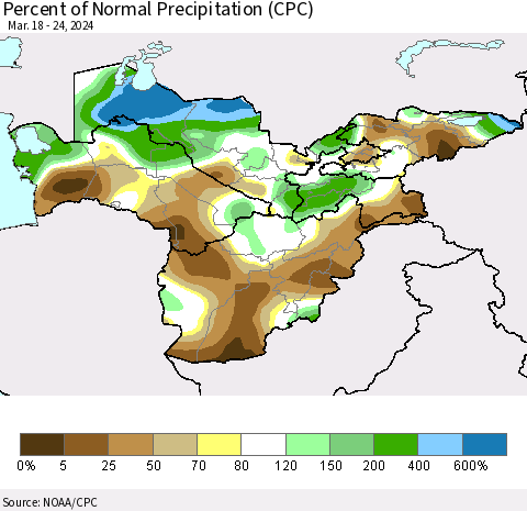 Central Asia Percent of Normal Precipitation (CPC) Thematic Map For 3/18/2024 - 3/24/2024