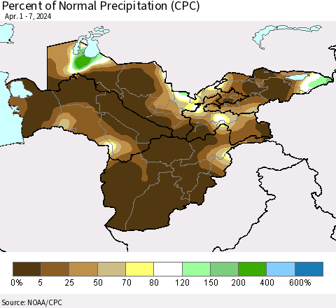 Central Asia Percent of Normal Precipitation (CPC) Thematic Map For 4/1/2024 - 4/7/2024