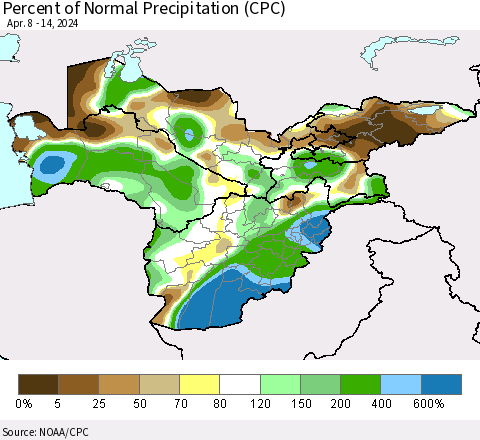 Central Asia Percent of Normal Precipitation (CPC) Thematic Map For 4/8/2024 - 4/14/2024