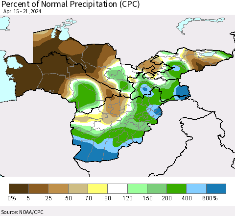 Central Asia Percent of Normal Precipitation (CPC) Thematic Map For 4/15/2024 - 4/21/2024