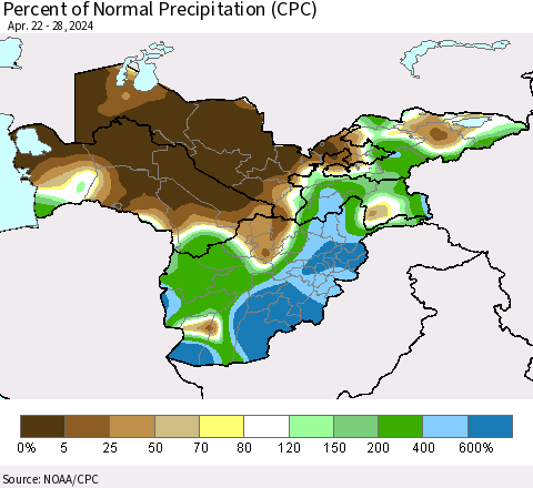 Central Asia Percent of Normal Precipitation (CPC) Thematic Map For 4/22/2024 - 4/28/2024