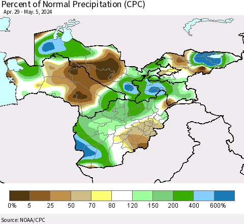 Central Asia Percent of Normal Precipitation (CPC) Thematic Map For 4/29/2024 - 5/5/2024