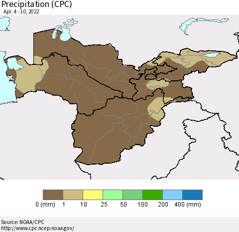 Central Asia Precipitation (CPC) Thematic Map For 4/4/2022 - 4/10/2022