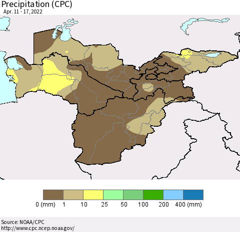 Central Asia Precipitation (CPC) Thematic Map For 4/11/2022 - 4/17/2022