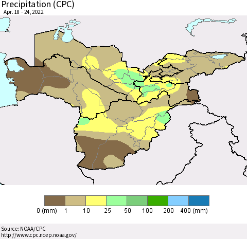 Central Asia Precipitation (CPC) Thematic Map For 4/18/2022 - 4/24/2022