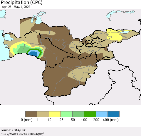 Central Asia Precipitation (CPC) Thematic Map For 4/25/2022 - 5/1/2022