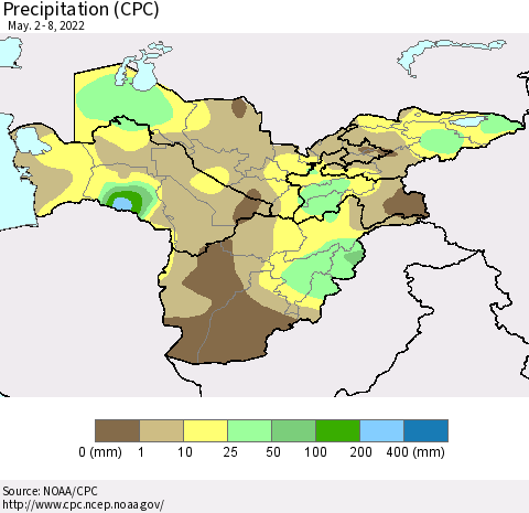 Central Asia Precipitation (CPC) Thematic Map For 5/2/2022 - 5/8/2022