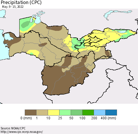 Central Asia Precipitation (CPC) Thematic Map For 5/9/2022 - 5/15/2022