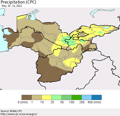 Central Asia Precipitation (CPC) Thematic Map For 5/16/2022 - 5/22/2022