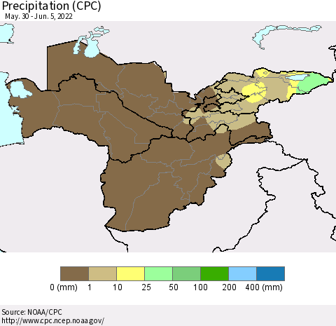Central Asia Precipitation (CPC) Thematic Map For 5/30/2022 - 6/5/2022
