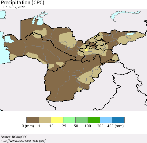 Central Asia Precipitation (CPC) Thematic Map For 6/6/2022 - 6/12/2022