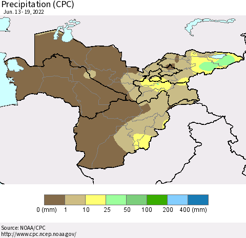 Central Asia Precipitation (CPC) Thematic Map For 6/13/2022 - 6/19/2022