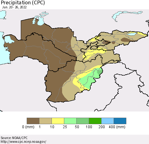 Central Asia Precipitation (CPC) Thematic Map For 6/20/2022 - 6/26/2022