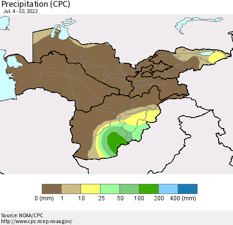 Central Asia Precipitation (CPC) Thematic Map For 7/4/2022 - 7/10/2022