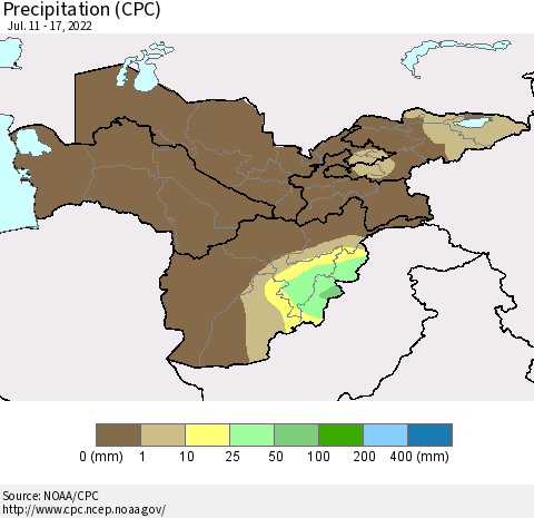 Central Asia Precipitation (CPC) Thematic Map For 7/11/2022 - 7/17/2022