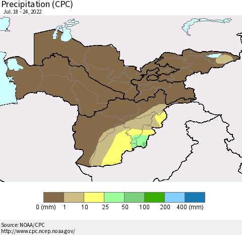 Central Asia Precipitation (CPC) Thematic Map For 7/18/2022 - 7/24/2022