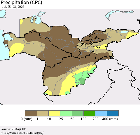 Central Asia Precipitation (CPC) Thematic Map For 7/25/2022 - 7/31/2022