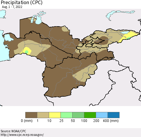 Central Asia Precipitation (CPC) Thematic Map For 8/1/2022 - 8/7/2022
