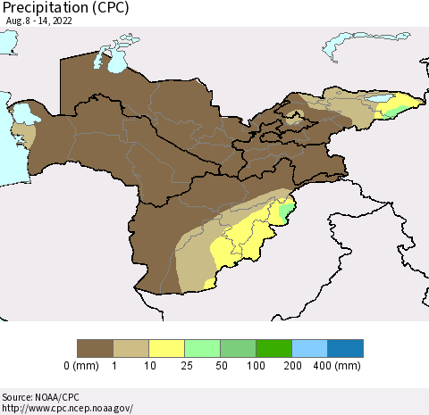 Central Asia Precipitation (CPC) Thematic Map For 8/8/2022 - 8/14/2022