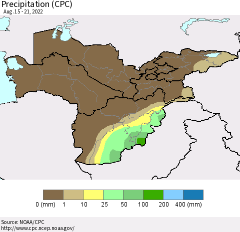 Central Asia Precipitation (CPC) Thematic Map For 8/15/2022 - 8/21/2022