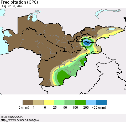 Central Asia Precipitation (CPC) Thematic Map For 8/22/2022 - 8/28/2022
