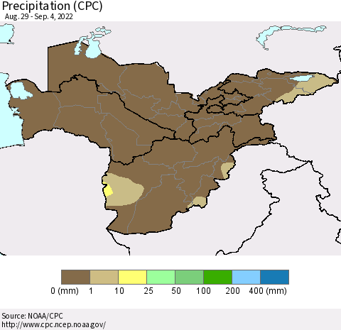 Central Asia Precipitation (CPC) Thematic Map For 8/29/2022 - 9/4/2022