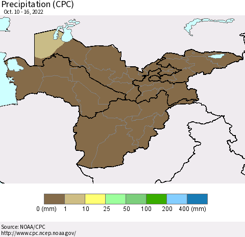 Central Asia Precipitation (CPC) Thematic Map For 10/10/2022 - 10/16/2022