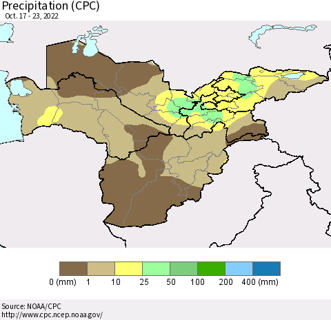 Central Asia Precipitation (CPC) Thematic Map For 10/17/2022 - 10/23/2022