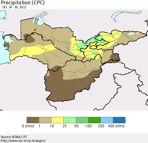 Central Asia Precipitation (CPC) Thematic Map For 10/24/2022 - 10/30/2022