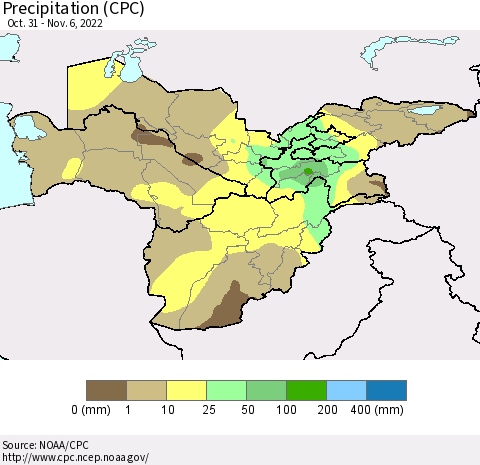 Central Asia Precipitation (CPC) Thematic Map For 10/31/2022 - 11/6/2022